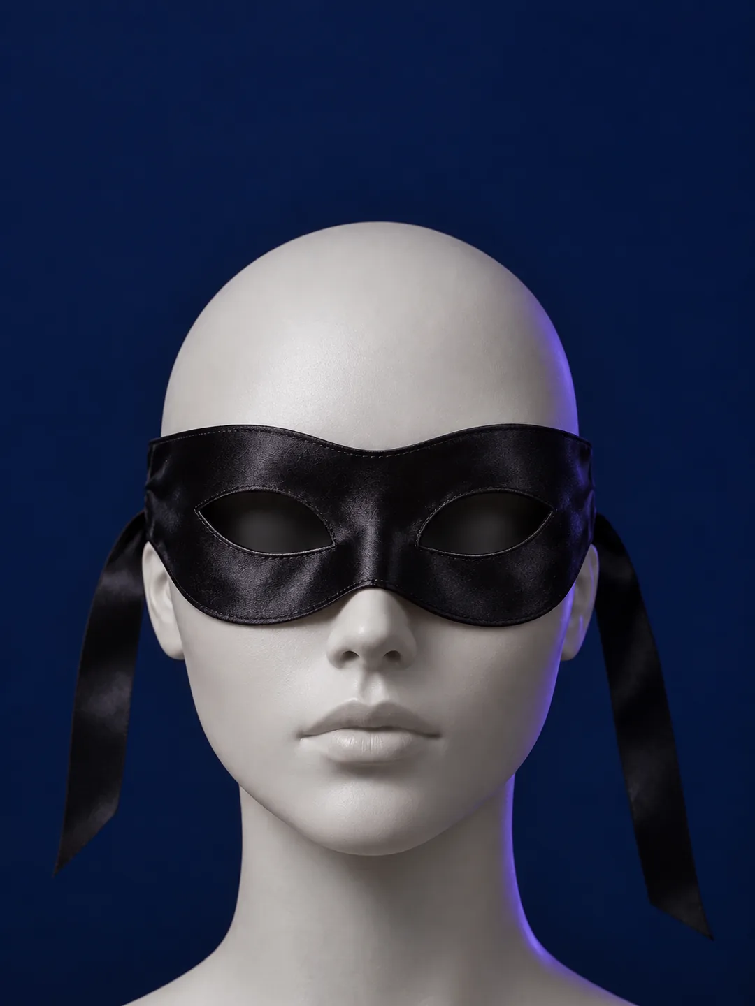 Blind: sleek black satin blind eye mask, worn on a mannequin