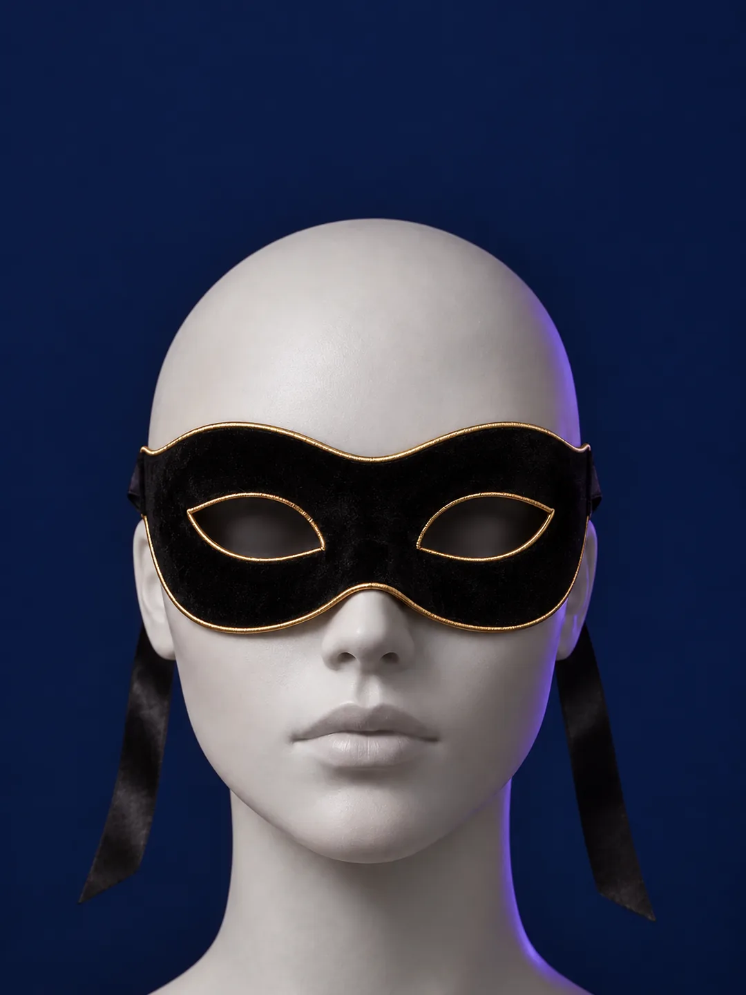 Blind: black velvet blind eye mask with a thin gold edge, worn on a mannequin
